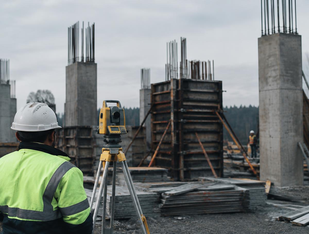 Illustrative image: surveyor with a total station beside concrete columns on a construction site