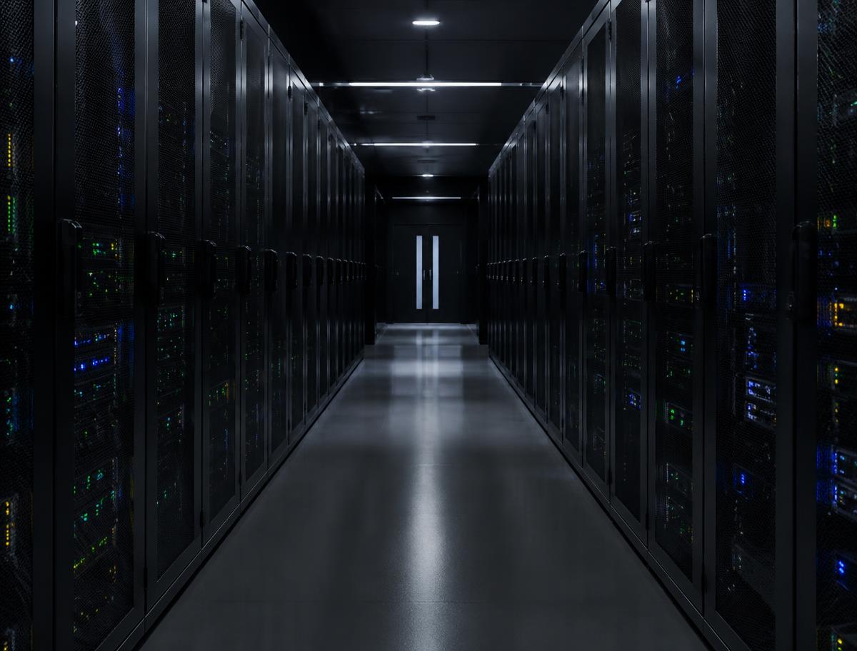 Illustrative image: a dark server room corridor with status lights